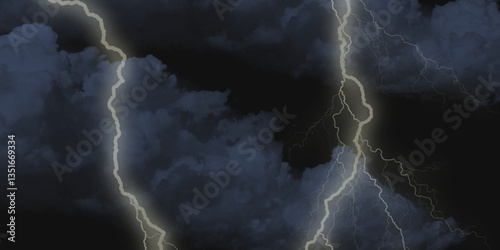 Mountainous Cumulus Clouds Boiling in the Summer Sky. White cloudiness, mist or smog overlay backgrounds. Wide sky and clouds dark tone. Dark cloud at evening sky with thunder bolt .