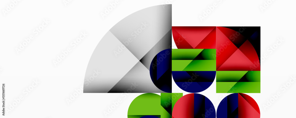 Fototapeta premium Modern abstract composition with layered circles and angular segments featuring gradients, transparency effects, and a structured geometric layout