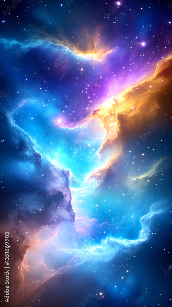 Fototapeta premium A stunning nebula displays a mix of blue, purple, and orange hues against a backdrop of sparkling stars, creating a mesmerizing celestial landscape in deep space