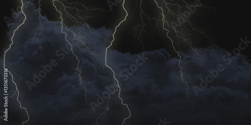 Mountainous Cumulus Clouds Boiling in the Summer Sky. White cloudiness, mist or smog overlay backgrounds. Wide sky and clouds dark tone. Dark cloud at evening sky with thunder bolt .