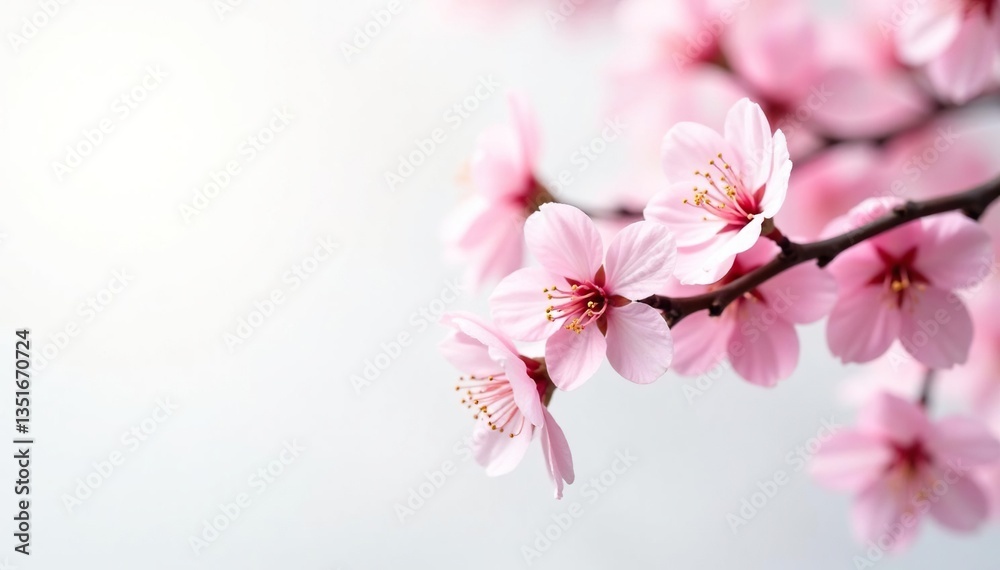 Delicate cherry blossom branches on white background, trees, foliage, spring Delicate cherry blossom branches on white background, trees, foliage, spring
