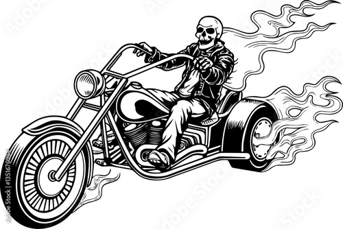Ghost Skull Motorcycle a haunting fusion of speed and darkness in SVG and vector format. Skull Rider on Motorcycle with Flames in Vintage Black and White Style