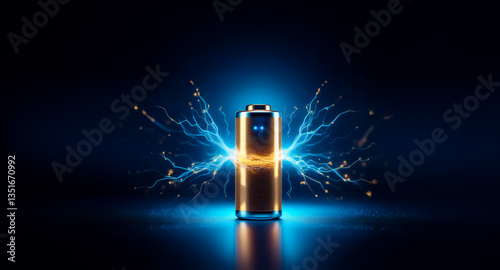 A battery emits electric sparks, showcasing energy and power against a dark backdrop, with blue and gold light illuminating the scene.