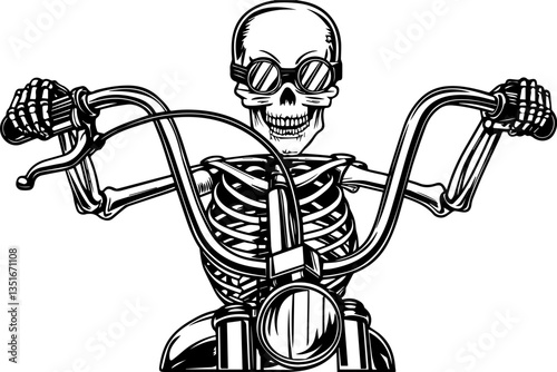 Ghost Skull Motorcycle a haunting fusion of speed and darkness in SVG and vector format. Skeleton Rider on Motorcycle Wearing Sunglasses in Black and White