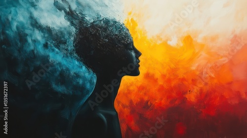 Abstract woman, contrasting smoke, fiery background