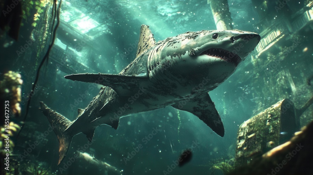 Fototapeta premium Majestic Shark Swimming Through a Sunken Shipwreck in a Serene Underwater Scene