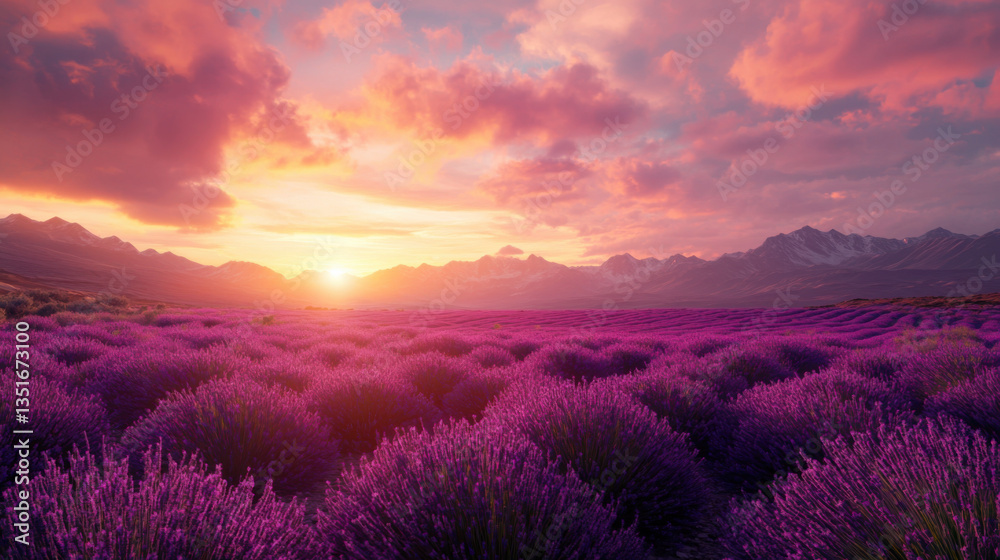 A beautiful sunset over a vast lavender field with rich purples and pinks A beautiful sunset over a vast lavender field with rich purples and pinks