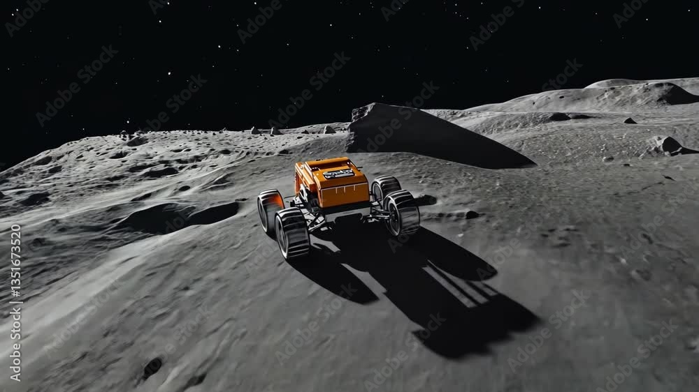 Lunar rover exploring the surface of the moon under a starry sky at nighttime