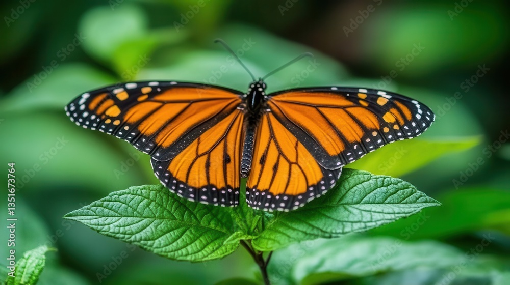 Fototapeta premium Monarch Butterfly Resting on a Green Leaf Surrounded by Lush Greenery in Nature