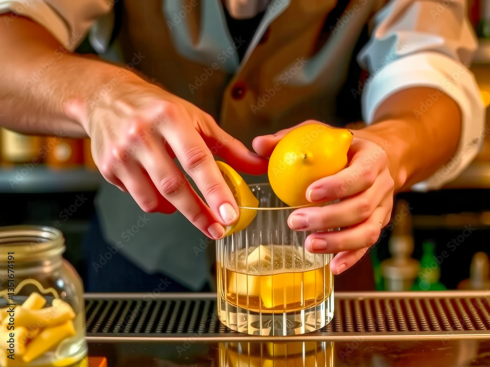 A bartender is making a drink with lemons and a glass. The drink is a cocktail. The bartender is wearing a vest and is holding a lemon in his hand