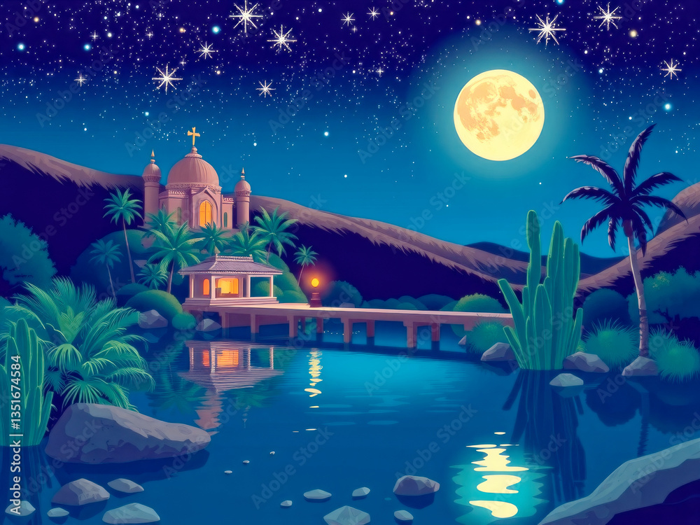 A beautiful night sky with a full moon and a small village with a church. The moon is shining brightly and the stars are twinkling in the sky. The scene is peaceful and serene
