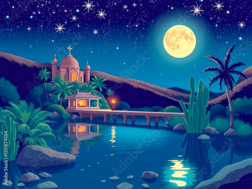 Obraz na płótnie A beautiful night sky with a full moon and a small village with a church. The moon is shining brightly and the stars are twinkling in the sky. The scene is peaceful and serene w salonie