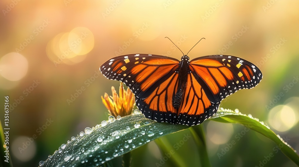 Monarch Butterfly Perched on Dewy Leaf with Flower Against a Warm Sunrise Background