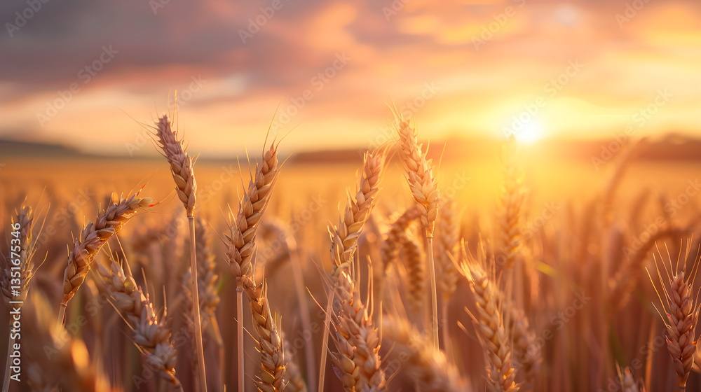 Golden Wheat Field at Sunset with Rolling Hills and a Serene Sky Golden Wheat Field at Sunset with Rolling Hills and a Serene Sky