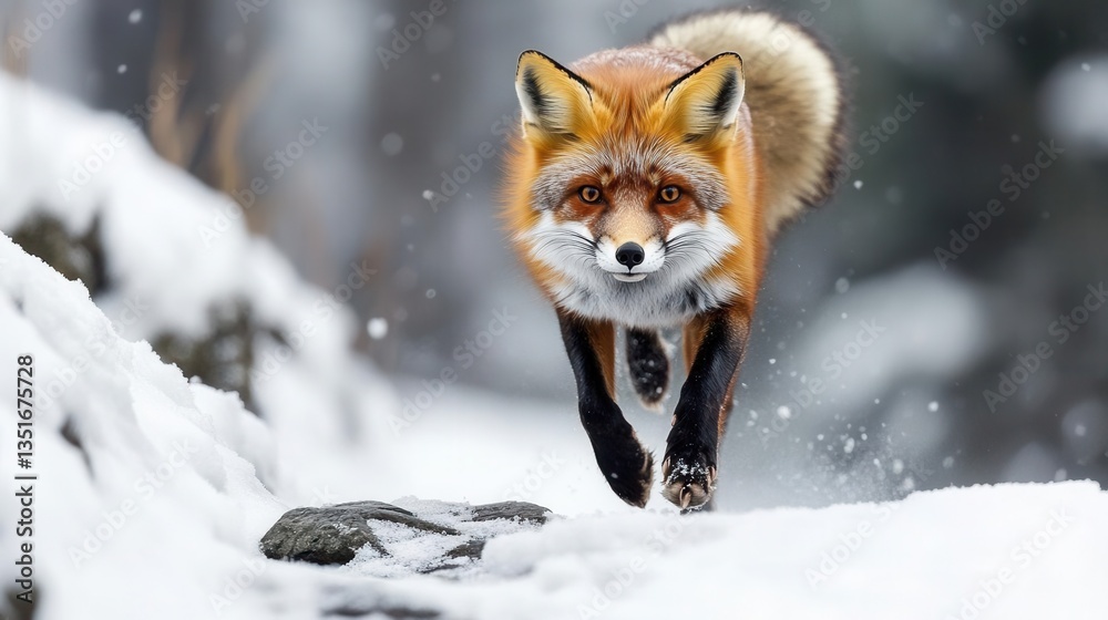 Obraz premium Red Fox Running Through Snowy Landscape in Winter Forest Environment