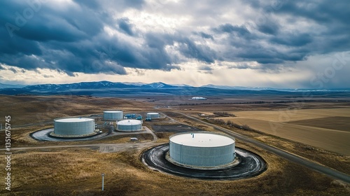 Aerial view of secure nuclear waste storage facility with containment structures in barren landscape under cloudy sky. Environmental safety and hazardous material management concepts
