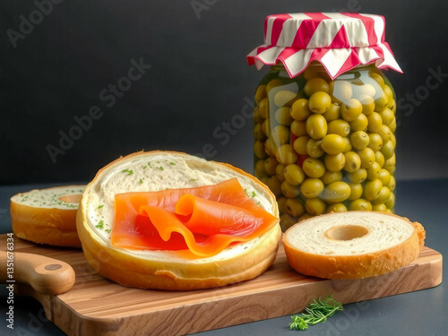 A sandwich with ham and cheese is on a wooden cutting board next to a jar of olives