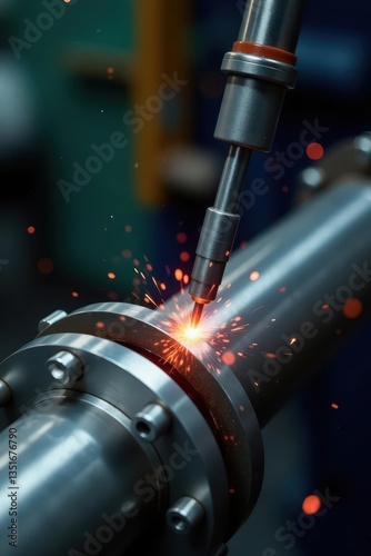 Close-up TIG weld on stainless steel pipe flange valve , engineering, industry, equipment photo