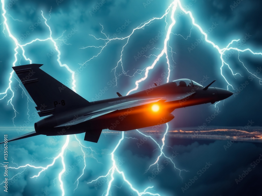 A jet is flying through a storm with lightning bolts. Scene is intense and dramatic