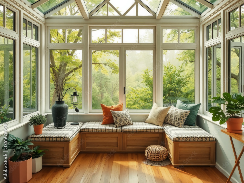 A room with a bench and a potted plant. The bench is made of wood and has pillows on it. The room has a cozy and inviting atmosphere