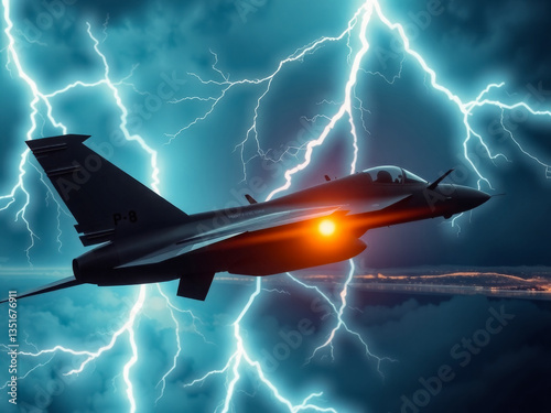 Obraz na płótnie A jet is flying through a storm with lightning bolts. Scene is intense and dramatic w salonie