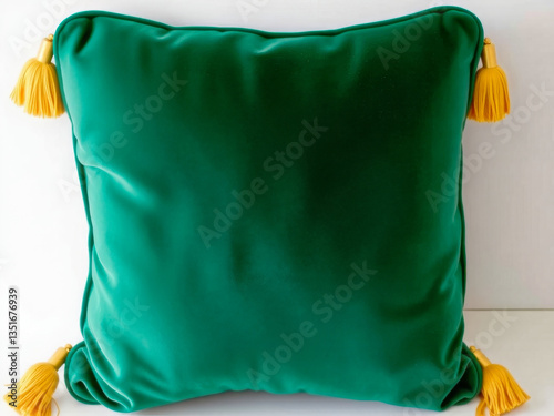 Obraz na płótnie A green pillow with yellow trim. The pillow is sitting on a white surface w salonie