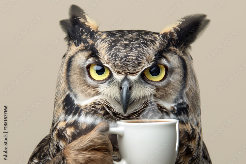 custom made wallpaper toronto digitalA fluffy owl with a happy expression enjoying coffee, set against a pastel-colored background, creating a warm and cheerful scene.