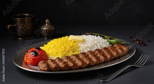Plate of grilled meat rice and butter called koobideh