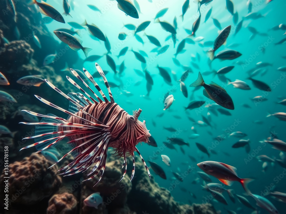 A fish with a long tail swims in a school of fish. The fish are swimming in a blue ocean