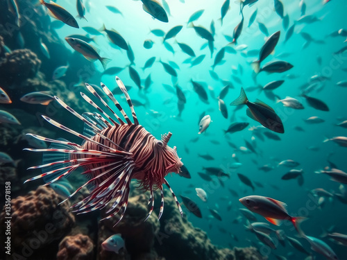 Obraz na płótnie A fish with a long tail swims in a school of fish. The fish are swimming in a blue ocean w salonie