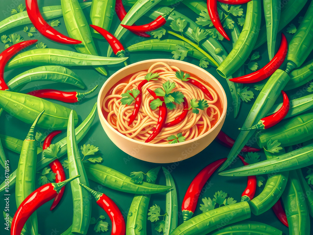A bowl of noodles with red peppers and green beans is placed in the center of a green background. The bowl is filled with noodles and red peppers, with some green beans scattered around it