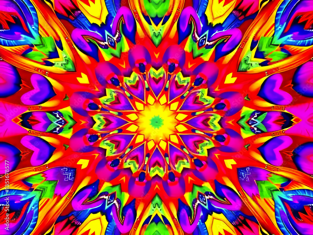 A colorful, abstract painting of a flower with a yellow center. The painting is full of bright colors and has a very lively and energetic feel to it
