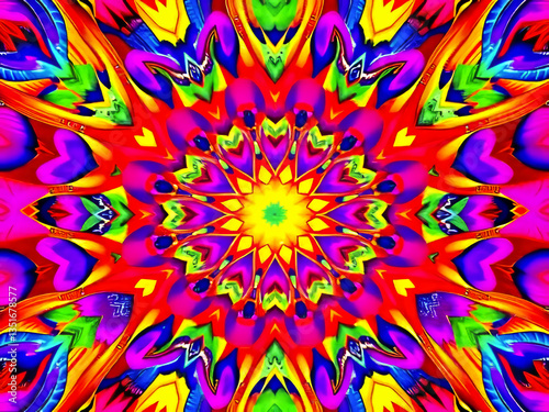 Obraz na płótnie A colorful, abstract painting of a flower with a yellow center. The painting is full of bright colors and has a very lively and energetic feel to it w salonie