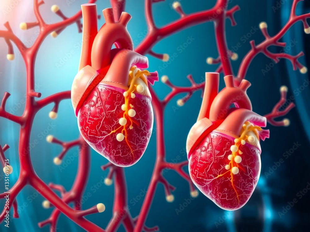 Two hearts are shown on a red branch. The hearts are red and appear to be in a close up
