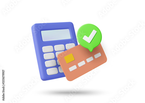 3D illustration vector render icon of calculator, credit card, and check mark. Concept of calculation and financial management. Budget planning, spending, credit management, approval isolated on white