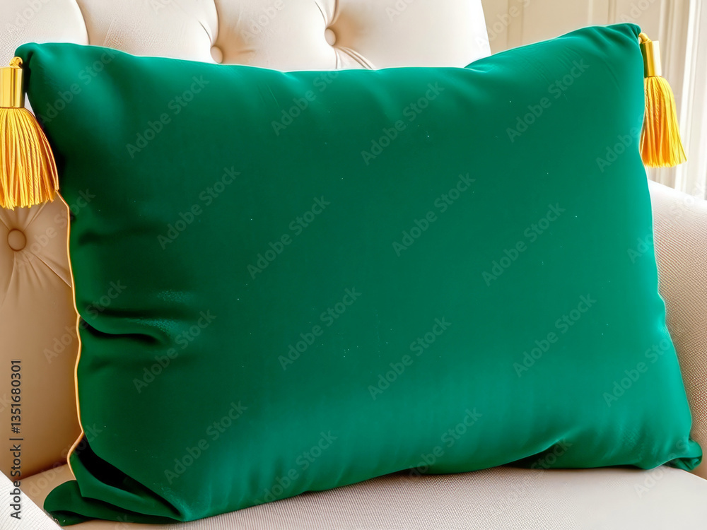 A green pillow with yellow trim sits on a white chair. The pillow is large and plush, and the yellow trim adds a pop of color to the green fabric. Scene is cozy and inviting