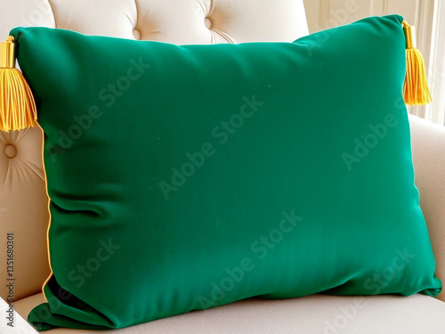 Obraz na płótnie A green pillow with yellow trim sits on a white chair. The pillow is large and plush, and the yellow trim adds a pop of color to the green fabric. Scene is cozy and inviting w salonie