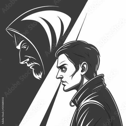 Duality: A graphic monochrome artwork unveils the conflict between the rational self and the inner demon, in this symbolic representation. A visual narrative of self-reflection, temptation.