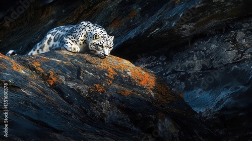 Snow Leopard Resting on Rocky Terrain in a Mountainous Landscape with Dramatic Lighting