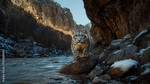 Snow Leopard Walking Along Riverbank in Snowy Mountain Landscape During Daylight