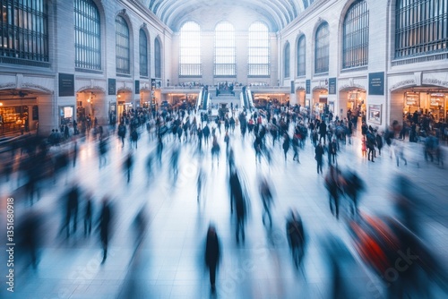 Commuters navigate a busy train station, creating a dynamic blur of motion as they hurry to their destinations amidst the architectural grandeur