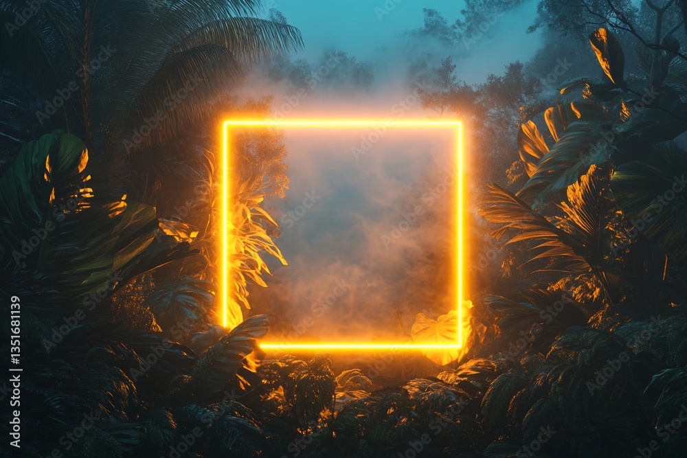 Digital Render: Illuminated Square Frame in Tropical Foliage