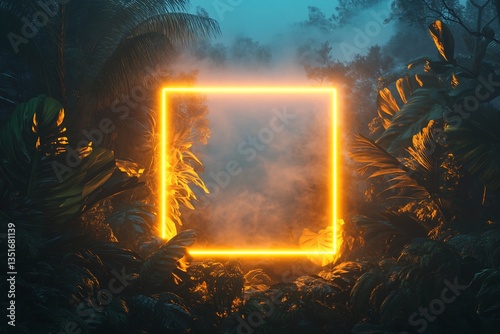 Obraz na płótnie Digital Render: Illuminated Square Frame in Tropical Foliage w salonie