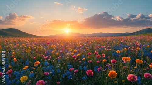 Colorful wildflowers field at sunset, mountain vista photo