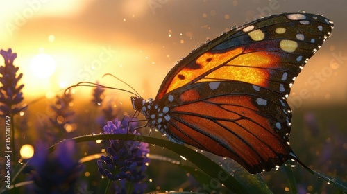 Stunning Close-Up of a Butterfly on Lavender Flowers at Sunset with Warm Glowing Light