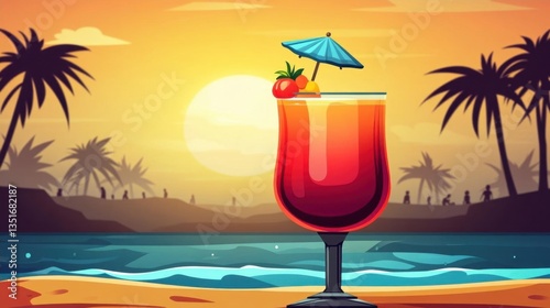 Tropical Cocktail with Umbrella and Fruits at Sunset Beach with Silhouettes of Palm Trees