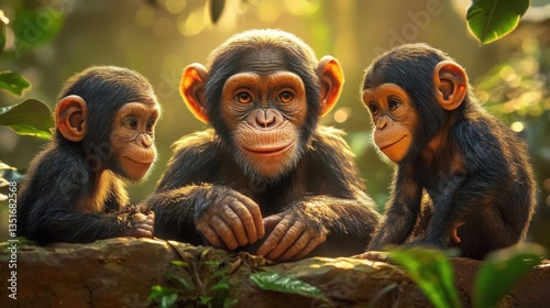 Three Chimpanzees Engaging in Curious Interaction in Sunlit Jungle Habitat