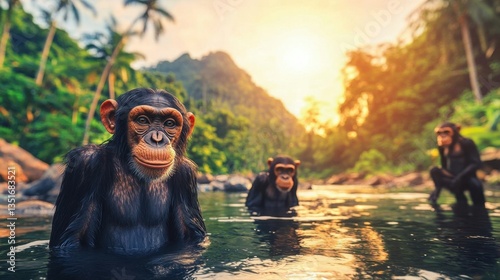 Three Playful Chimpanzees Wading in Shallow Water at Sunset in a Tropical Jungle Setting