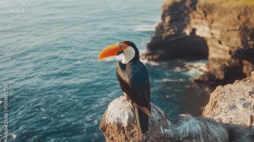 Toucan Perched on a Cliff Overlooking the Ocean Against a Scenic Tropical Landscape