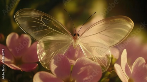Transparent Butterfly Resting on Pink Flowers in a Lush Natural Garden Setting
